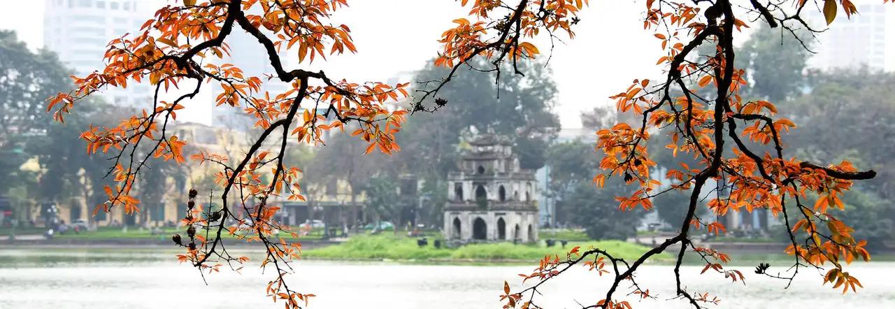 Hoan Kiem Lake and Turtle Tower in autumn, Hanoi Vietnam